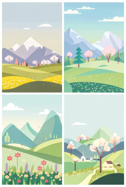 Peaceful Natural Landscape Illustration Green Trees Rolling Hills Clear Blue — Stock Vector