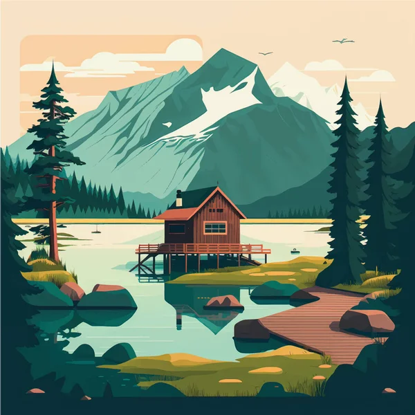 stock vector Serene Mountain Lake Cabin Amidst Lush Forest and Majestic Peaks: Flat Vector Illustration with Social Media Space