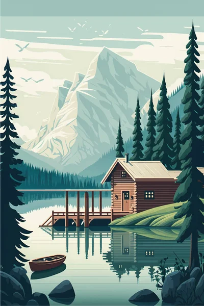 Cabaña Serene Mountain Lake Medio Exuberante Bosque Picos Majestuosos Ilustración — Archivo Imágenes Vectoriales