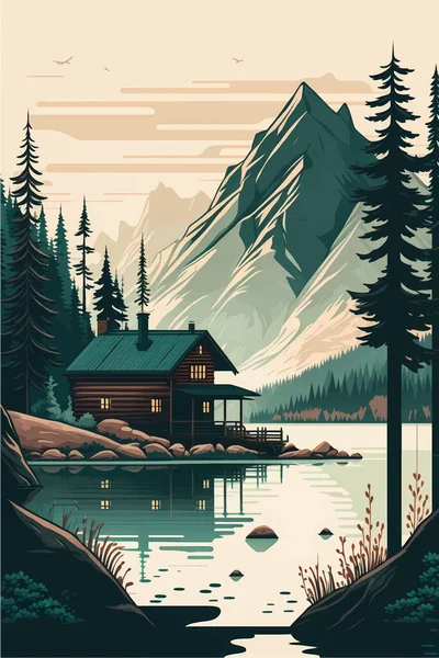 Cabaña Serene Mountain Lake Medio Exuberante Bosque Picos Majestuosos Ilustración — Archivo Imágenes Vectoriales