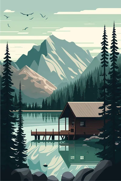 Serene Mountain Lake Cabin Inmitten Üppiger Wälder Und Majestätischer Gipfel — Stockvektor