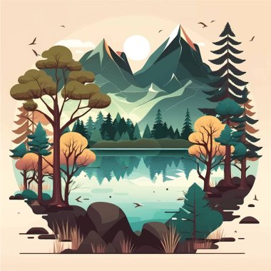 Mesmerizing Mountain Lake Scenery with Lush Trees: Flat Vector Illustration with Social Media Space clipart