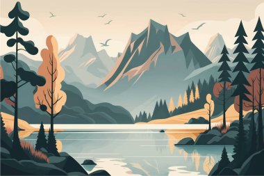 Mesmerizing Mountain Lake Scenery with Lush Trees: Flat Vector Illustration with Social Media Space clipart