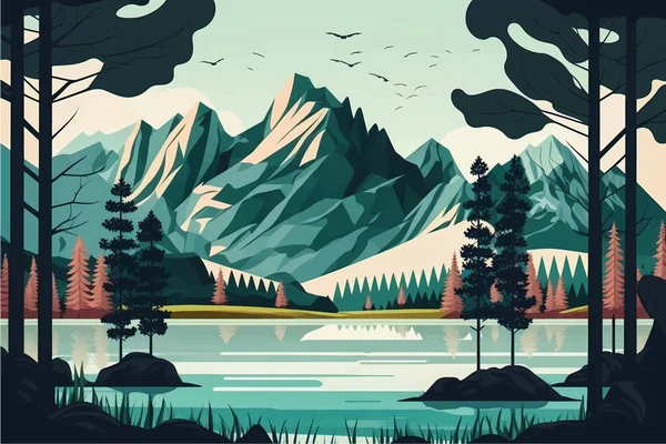 Faszinierende Gebirgssee Landschaft Mit Üppigen Bäumen Flache Vektorillustration Mit Social — Stockvektor