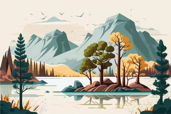 Пейзажі Маунтін Лейк Пишними Деревами Плоска Векторна Ілюстрація Простором Соціальних — стоковий вектор