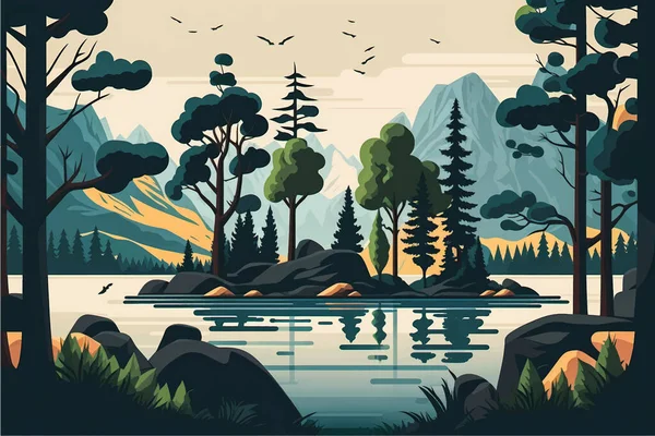 Пейзажі Маунтін Лейк Пишними Деревами Плоска Векторна Ілюстрація Простором Соціальних — стоковий вектор