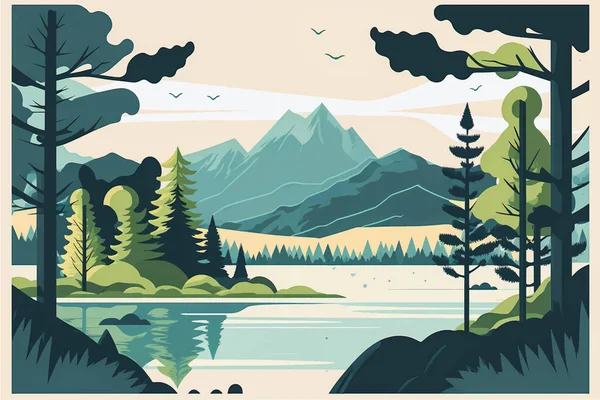 Mesmerizante Paisagem Mountain Lake Com Árvores Exuberantes Ilustração Vetorial Plana — Vetor de Stock