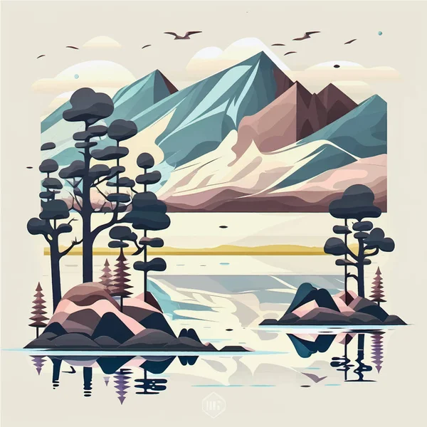 Paisaje Fascinante Del Lago Montaña Con Árboles Exuberantes Ilustración Vectores — Vector de stock
