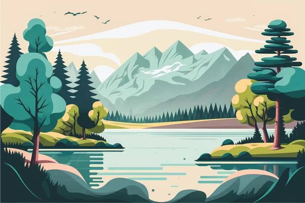 緑豊かな山の湖の風景を幻想的に描く ソーシャルメディア空間とフラットベクトルイラスト — ストックベクタ