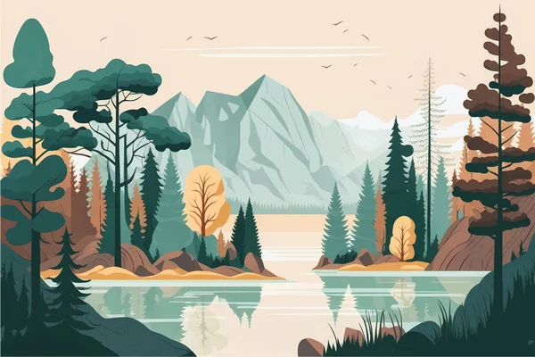Mesmerizante Paisagem Mountain Lake Com Árvores Exuberantes Ilustração Vetorial Plana — Vetor de Stock