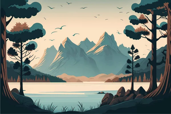 Mesmerizing Mountain Lake Scenery Lush Trees Flat Vector Illustration Social — Stock Vector