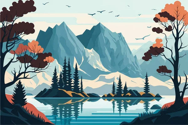 Paisaje Fascinante Del Lago Montaña Con Árboles Exuberantes Ilustración Vectores — Archivo Imágenes Vectoriales