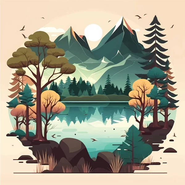 Serene Nature Landscape with Lake, Waterfall & Lush Green Trees - Flat Vector Illustration Ideal for Social Media Posts & Ads