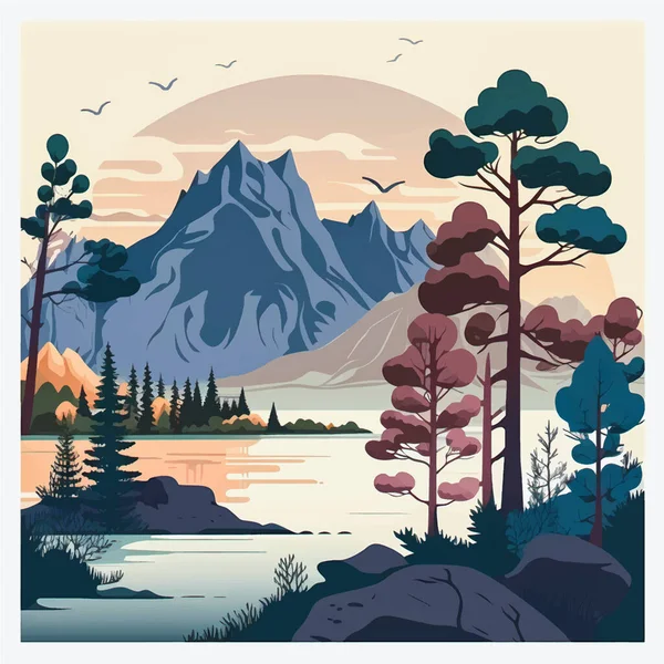 Paisaje Naturaleza Serena Con Lago Cascada Exuberantes Árboles Verdes Ilustración — Vector de stock