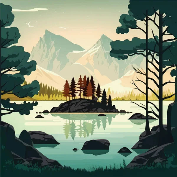 Paisaje Naturaleza Serena Con Lago Cascada Exuberantes Árboles Verdes Ilustración — Vector de stock