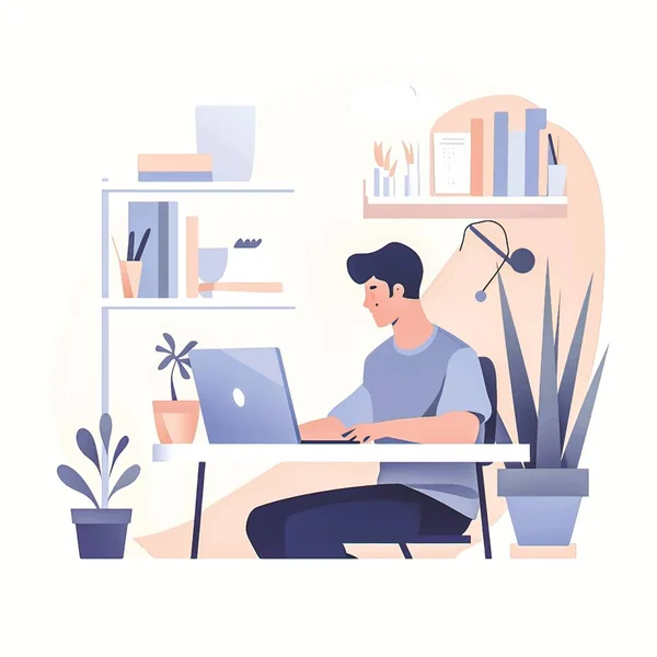 Streamlined Home Office Vector Art Flat Style Illustration Man Working — Stockový vektor