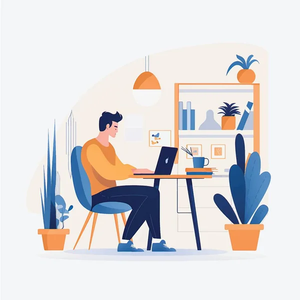 Streamlined Home Office Vector Art Flat Style Illustration Man Working — Stockový vektor