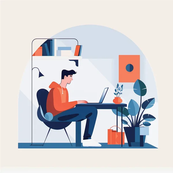 Streamlined Home Office Vector Art Flat Style Εικονογράφηση Ενός Ανθρώπου — Διανυσματικό Αρχείο