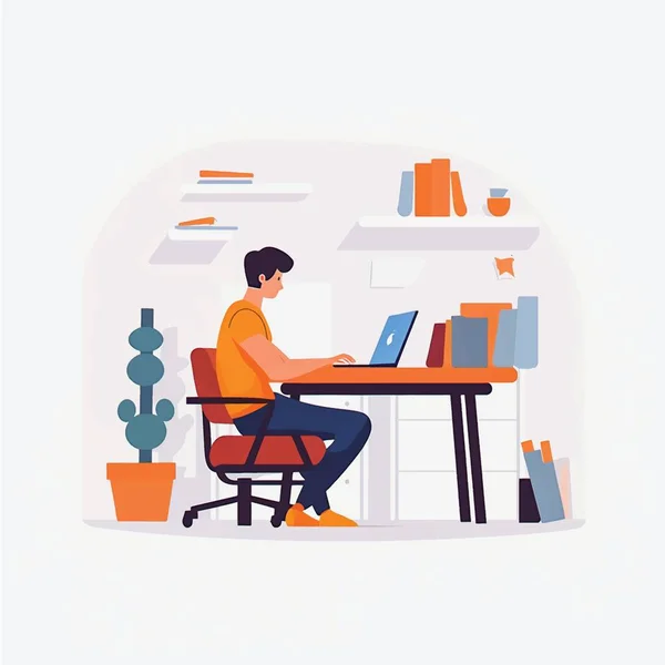 Streamlined Home Office Vector Art Flat Style Illustration Man Working — Stockový vektor