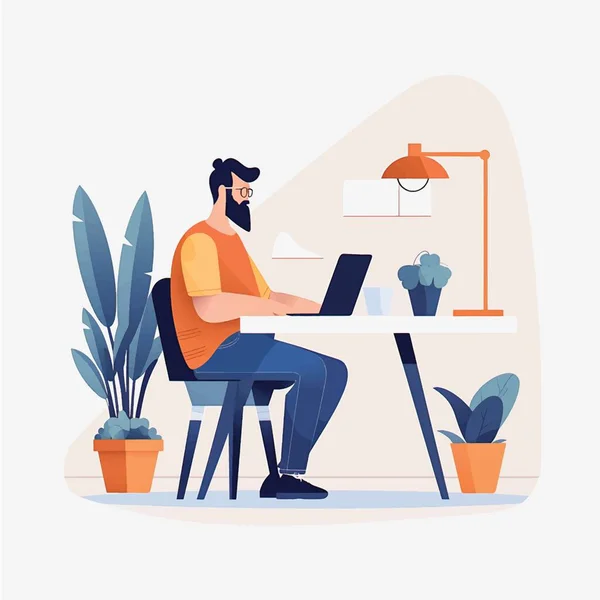 Streamlined Home Office Vector Art Flat Style Illustration Man Working — Stock Vector