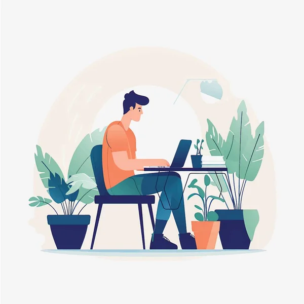 Streamlined Home Office Vector Art Flat Style Illustration Man Working — Stock Vector