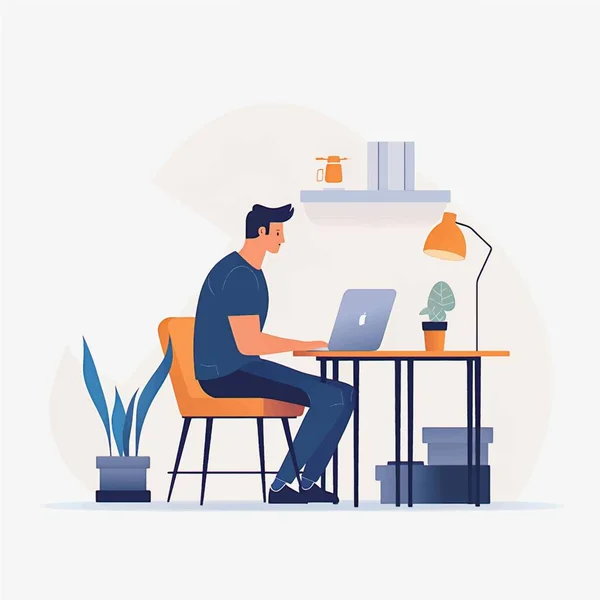 Streamlined Home Office Vector Art Flat Style Illustration Man Working — 스톡 벡터