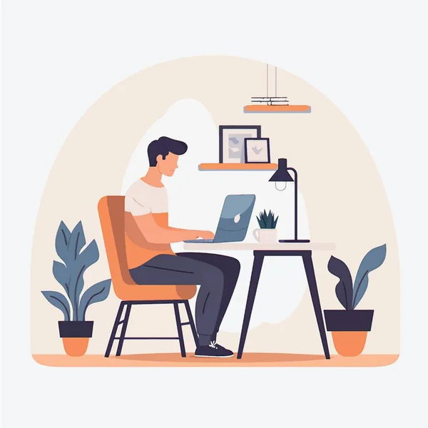 Streamlined Home Office Vector Art Flat Style Illustration Man Working — 스톡 벡터