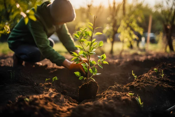 为可持续的未来植树 社区花园与环境保护 在地球日促进生境恢复和社区参与 — 图库照片