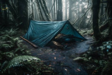 Wilderness Survival: Bushcraft Tent Under the Tarp in Heavy Rain, Embracing the Chill of Dawn - A Scene of Endurance and Resilience clipart