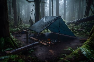 Wilderness Survival: Şiddetli Yağmurda Çadırın Altında Bushcraft Çadırı, Şafağın Soğuğunu Kucaklamak - Dayanıklılık ve Dayanıklılık Sahnesi