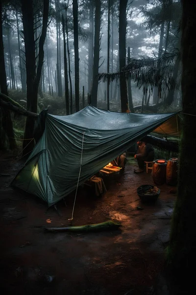 Przetrwanie Dziczy Namiot Bushcrafta Pod Plandeką Ulewnym Deszczu Obejmujący Chłód — Zdjęcie stockowe
