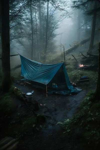 Осмотр Дикой Природы Палатка Бушкрафта Тартаром Тяжелом Райне Обнимающая Холод — стоковое фото
