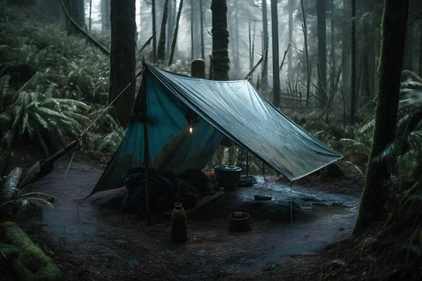 Wilderness Survival Şiddetli Yağmurda Çadırın Altında Bushcraft Çadırı Şafağın Soğuğunu — Stok fotoğraf