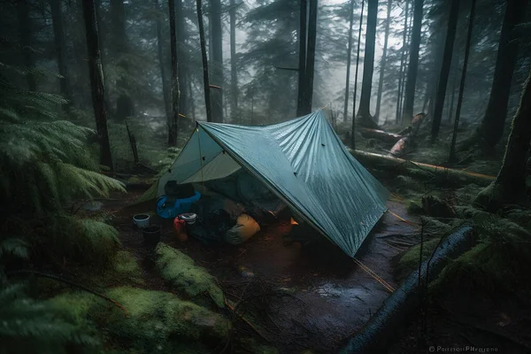 Wilderness Survival Bushcraft Tent Tarp Heavy Rain Αγκαλιάζοντας Chill Dawn — Φωτογραφία Αρχείου