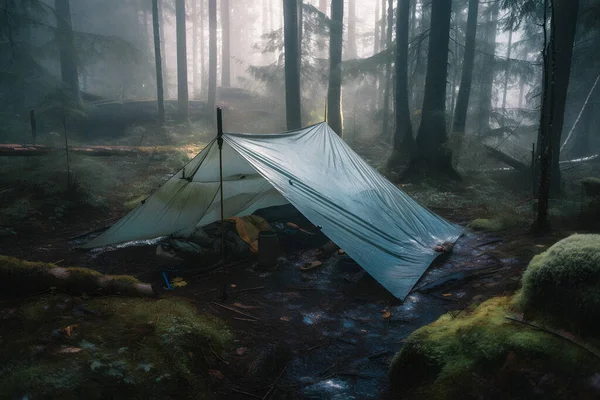 Wilderness Survival Bushcraft Tent Tarp Heavy Rain Αγκαλιάζοντας Chill Dawn — Φωτογραφία Αρχείου