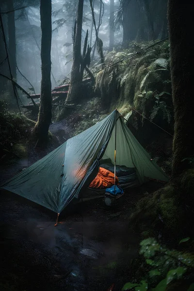 荒野のサバイバル 激しい雨の中でのブッシュクラフトテント 夜明けの寒さを受け入れる 耐久性と回復力のシーン — ストック写真