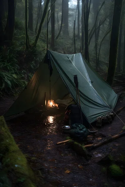 Wilderness Survival Bushcraft Tent Tarp Heavy Rain Embracing Chill Dawn — Stock Photo, Image