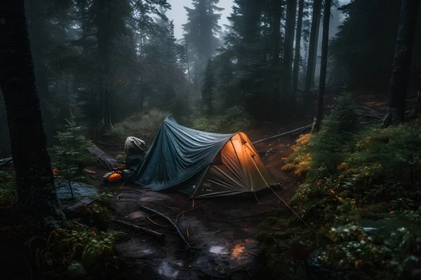 野性的生存 在大雨中的陷阱下的丛林帐篷 拥抱黎明的寒冷 一个持久和韧性的场景 — 图库照片