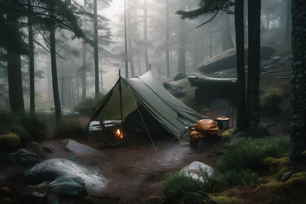 Kelangsungan Hidup Alam Liar Bushcraft Tent Tarp Heavy Rain Embracing — Stok Foto