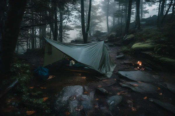 Wilderness Survival Bushcraft Tent Tarp Heavy Rain Omaring Chill Dawn — Stockfoto