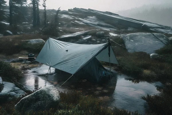 Wilderness Survival Bushcraft Tent Tarp Heavy Rain Embracing Chill Dawn — Stock Photo, Image