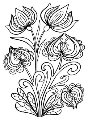 Bir demet sıra dışı çiçek renklendirme sayfası karalama çizim vektörü bir bitkinin beyaz arka planında izole edilmiş siyah-beyaz çizimi