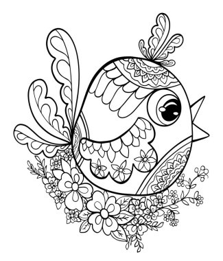 Çiçekli kuş çocuklar için karalama kitabı beyaz arkaplan serçesine izole edilmiş el çizimi illüstrasyon vektörü desenli grafik çizimi