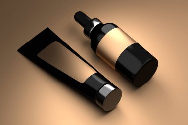 Mockup template with cosmetic cream tube and liquid dropper on golden surface. 3d render.