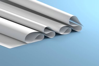 Folded paper sheet on blue background. Image with copy blank space. 3d render.