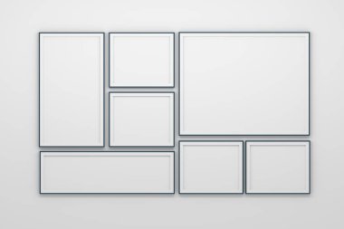 Mockup template wall gallery, set of 7 frames collection on white wall. 3d render.