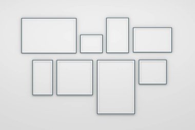 Mockup template wall gallery, set of 8 small frames collection on white wall. 3d render.