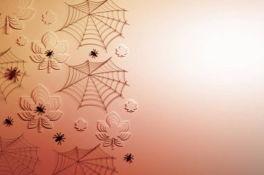 Halloween greeting card with nets, spiders and autumn leaves in yellow red colors. Image with copy blank space. 3d render.