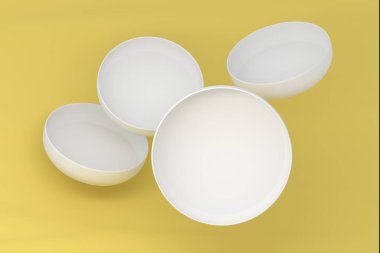 Plates Dishes mockup template with many flying dishes on yellow background. 3d render.