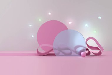 Product presentation podium pedestal with round glass shapes, pink ribbon and glowing stars in pink colors. 3d render.
